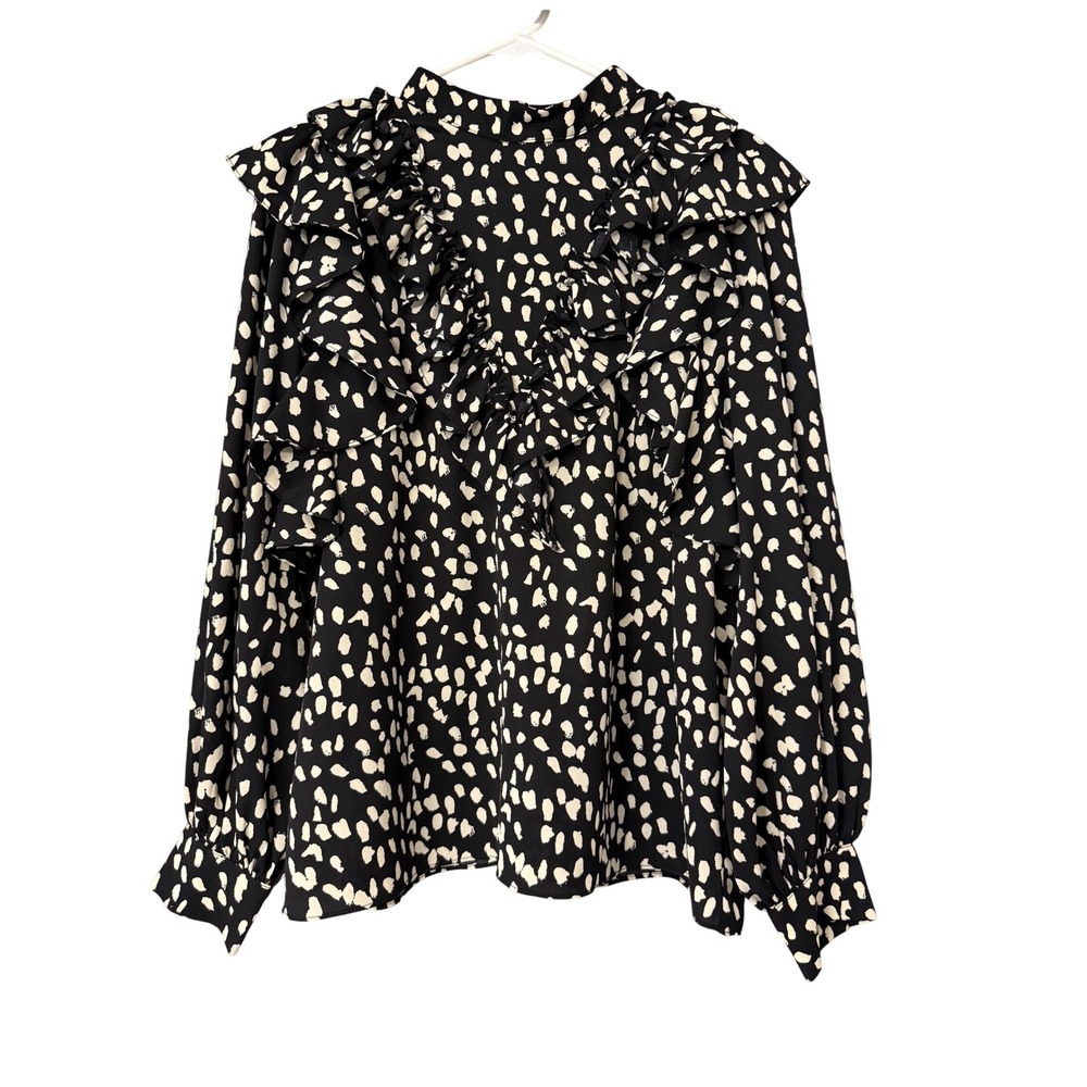 Do & Be Black White Dalmatian Print Ruffle High Neck Button Back Blouse Top M